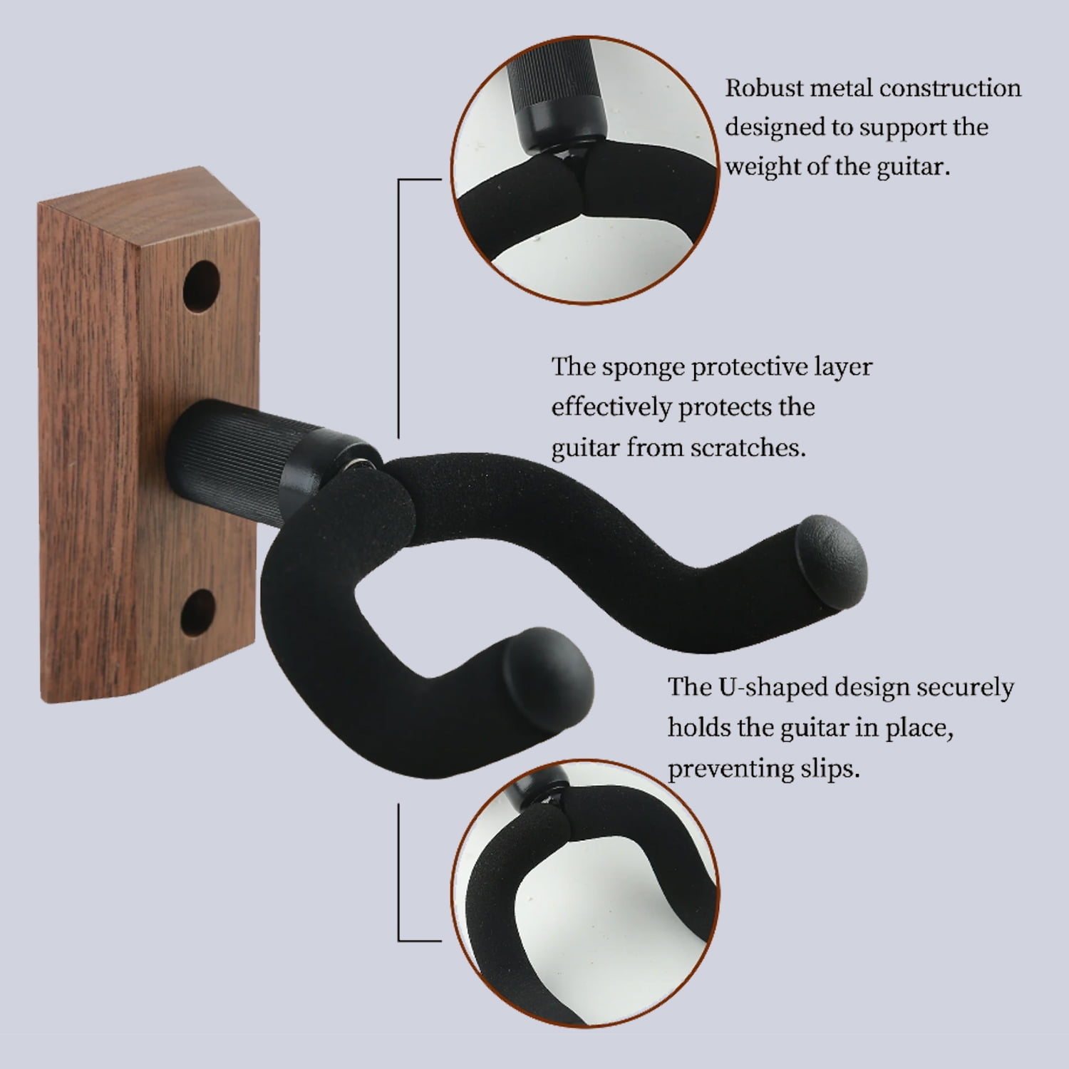 2 Pack Guitar Wall Mount,U-Shaped Guitar Wall Hanger Mount, Black Walnut Wood Guitar Hanger, Guitar Holder Hook for Acoustic, Electric Guitar, Banjo, Bass with Guitar Cleaning Cloth