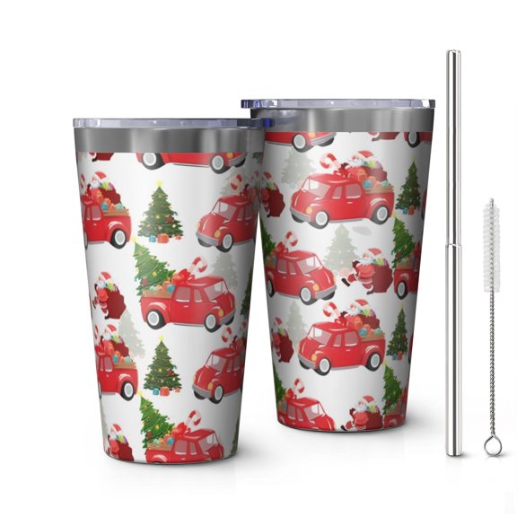 16oz Tumblers Red Christmas Car Pattern Stainless Steel Vacuum Insulated Double Wall Travel Tumbler Cups Mug with Lid and Straw,Cleaning Brush for Coffee,Tea