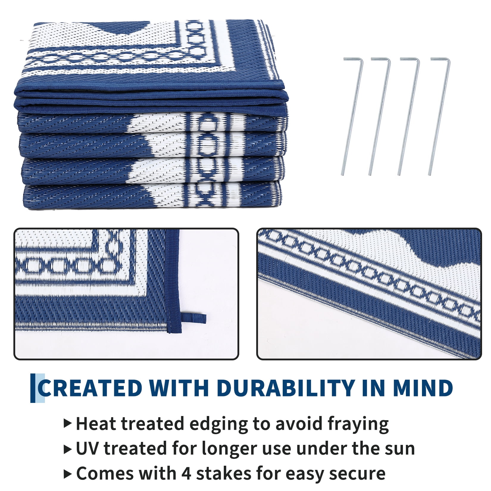 Garvee Outdoor Rug 10x14ft Modern Bordered Reversible Plastic Straw Rug, Waterproof RV Camping Rug Foldable Patio Rug for Deck Porch Balcony Backyard Picnic Beach, Dark Blue