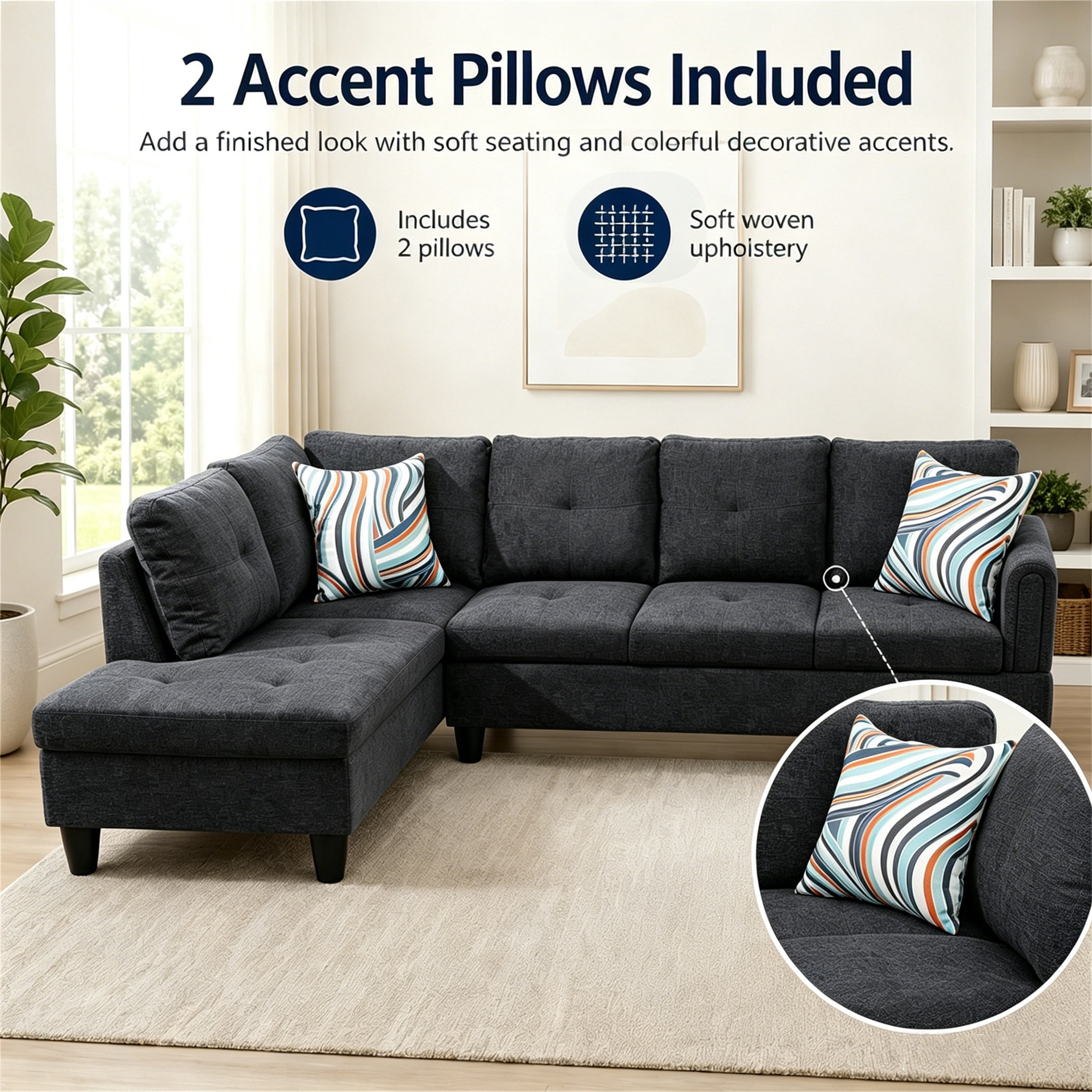 Aukfa 97" Classic Sectional Sofa 4 Seat L shape Couch with Oversized Left Chaise for Living Room, 2Pillows, Linen, Black Gray
