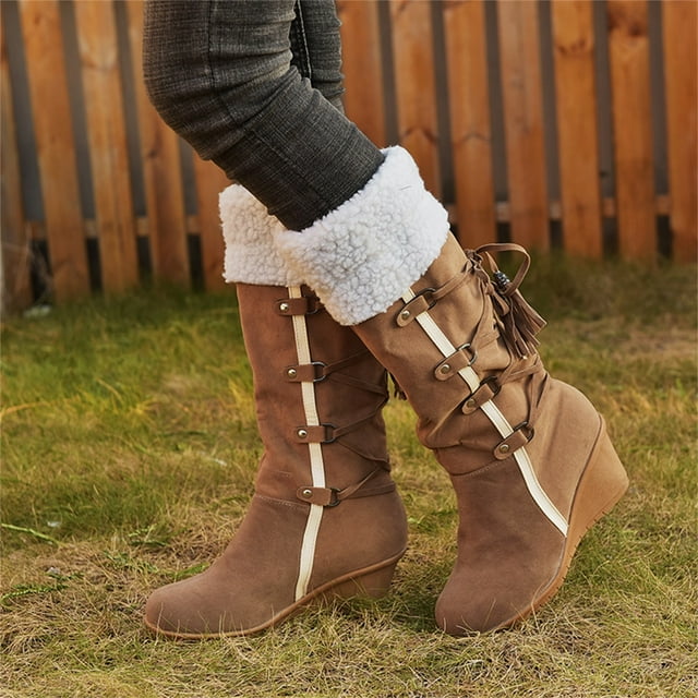 LSLJS Bottes de Neige à Talons Compensés pour Femmes avec Pompons, Manches Hautes, Bout Rond, Bottes de Marche d'Extérieur