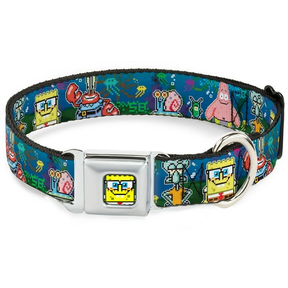 Nickelodeon Pet Collar, Dog Collar Metal Seatbelt Buckle, Spongebob Friends 8 Bit Scene, 9.5 to 13 Inches 1.0 Inch Wide
