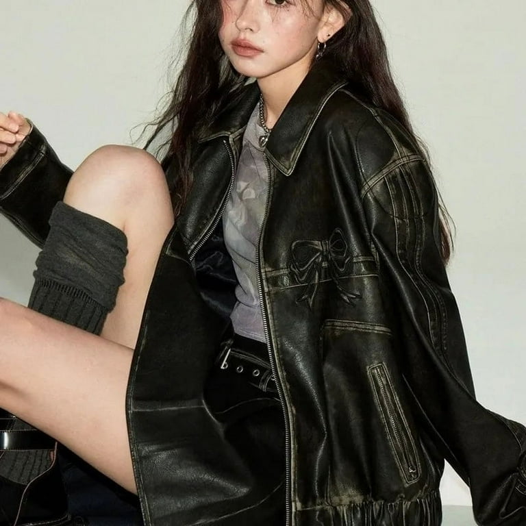 Bow Y2k Motorcycle PU Leather Jacket Female Autumn Fashion Bow Y2k Motorcycle PU Leather Jacket Female Autumn Fashion