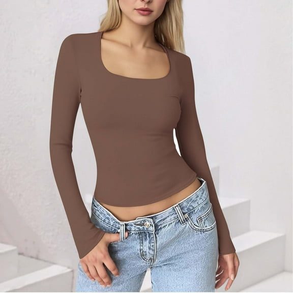 Uootdi Womens Square Neck Long Sleeve T Shirt Slim Fit Basic Gift Crop Tees Fall Y2k Going Out Crop Tops Cute Tight