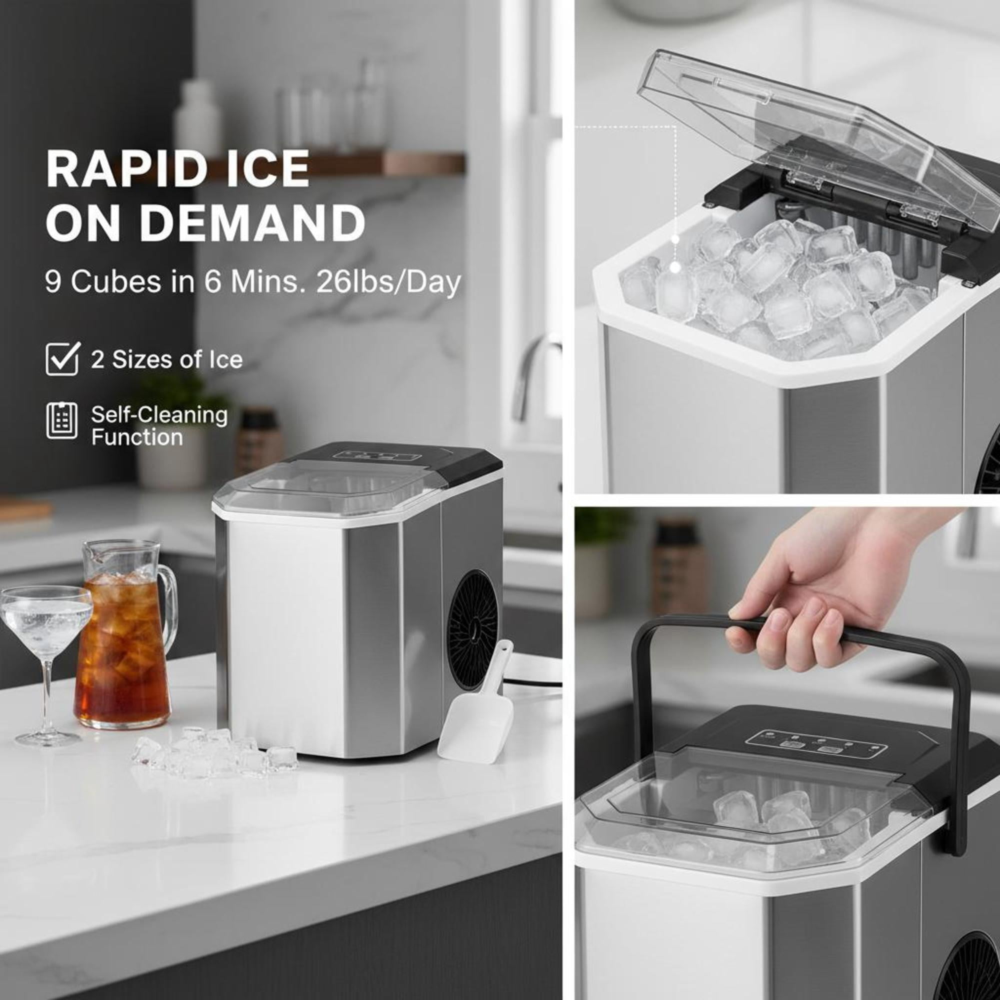 Countertop Bullet Ice Maker, 26 lbs/24H Portable Ice Machine, 9 Cubes Ready in 6 Mins, 2 Ice Sizes, Self-Cleaning Ice Maker with Scoop & Basket, Quiet ≤42dB for Home Kitchen Office Bar Party