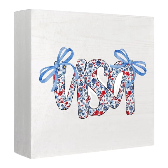 Fourth of July Decorations Wooden Block Sign, American Flag Usa Themed Red Blue Star Decorations, Home Decoration Accent