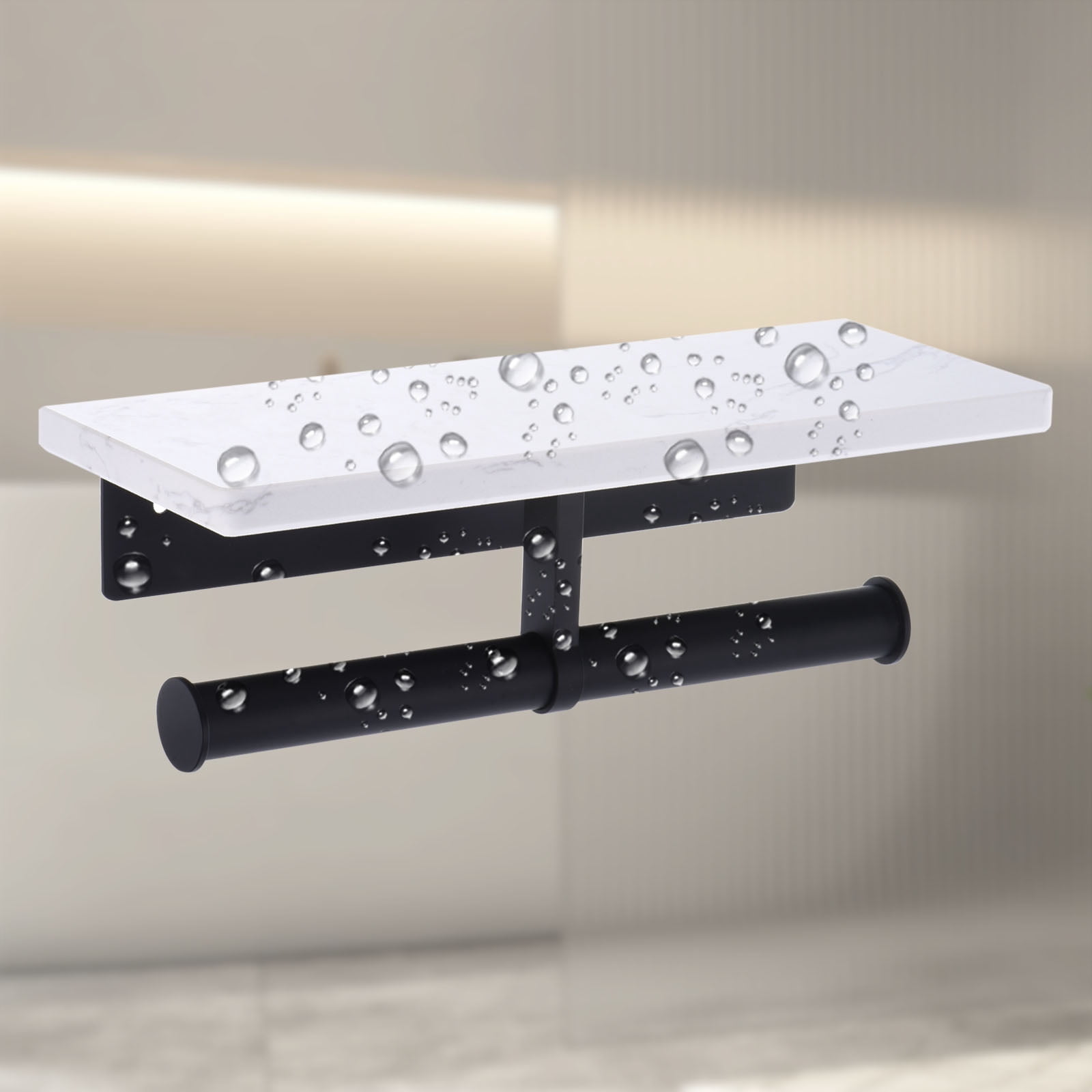 Unique Bargains Toilet Paper Holder with Marble Shelf Modern Design for Bathroom Black
