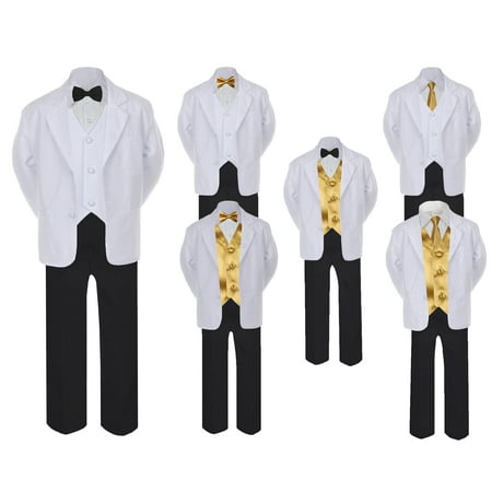 

5-7pc Formal Black White Suit Set Gold Bow Necktie Vest Boy Baby Sm-20 Teen
