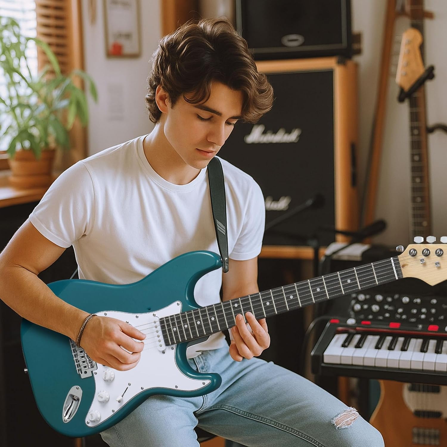 HarmonyStrings 39 Inch Rosewood Fingerboard Electric Guitar,Electric Guitar Beginner Kit Solid Body Full Size Pick Up for Starter, with Bag, Picks, Capo, Strap, Cord,Allen Wrench, Tremolo Arm Blue