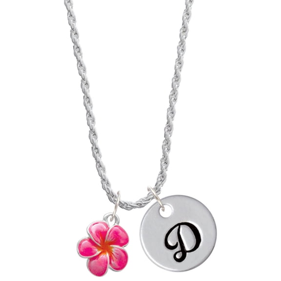 Delight Jewelry Silvertone Hot Pink and Orange Flower Silvertone Script Initial Disc - D - Charm Necklace, 20"+3"