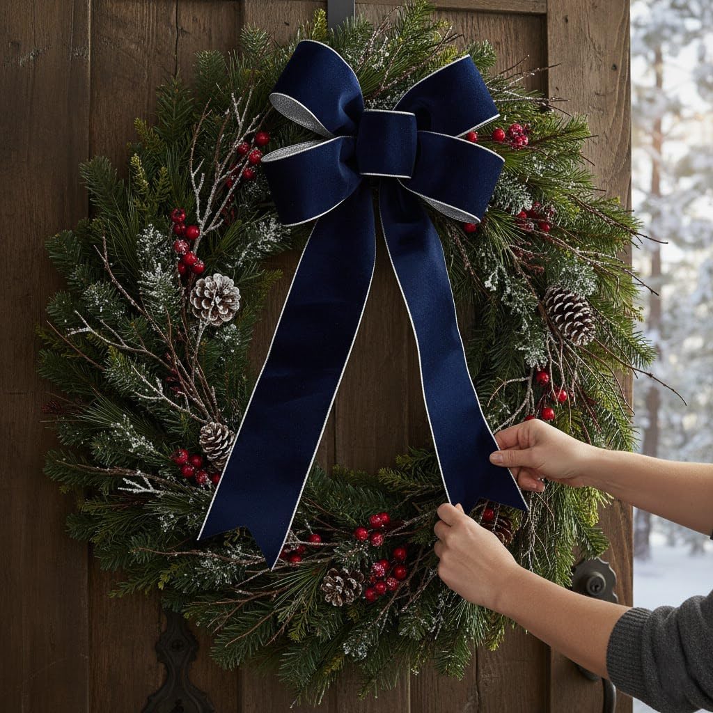 4" Navy Blue Velvet Silver Glitter Backing Wired Ribbon 10 Yards for Christmas Tree Wedding Wreath Gift Wrapping Home Décor DIY