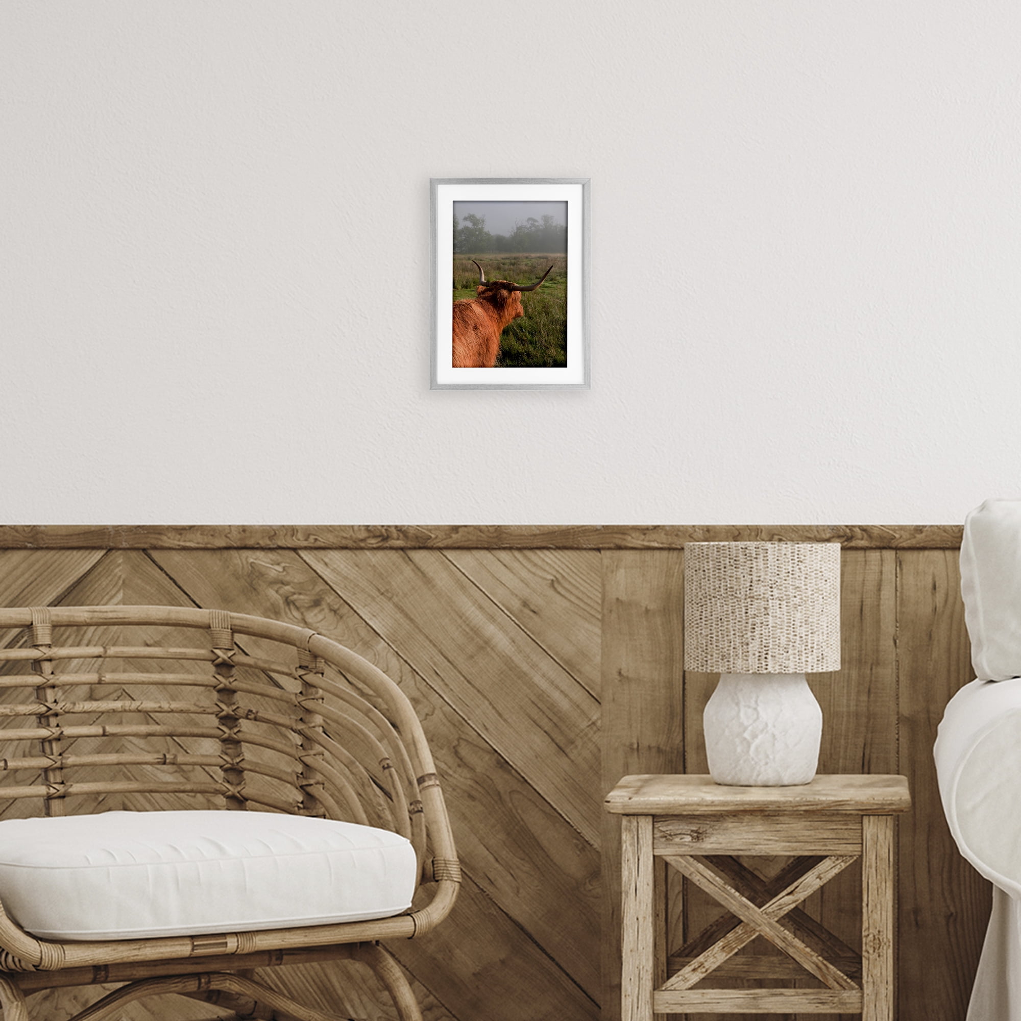 Highland Cow Gazing Out Gray Framed Print Under Glass, design by Jenny Rainbow Fine Art