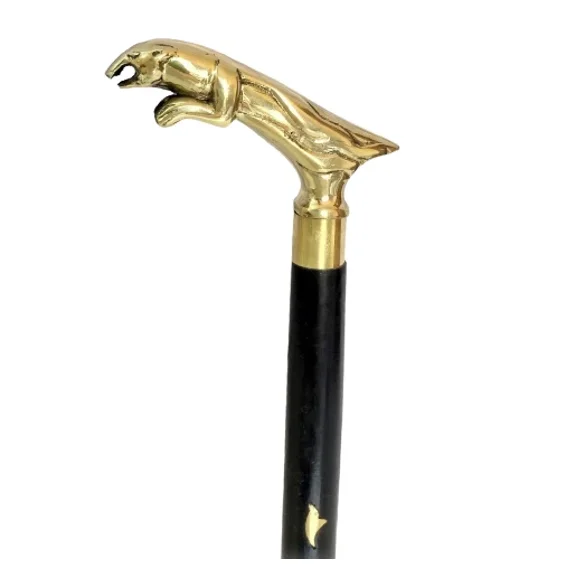 SOLID BRASS HANDLE WOODEN BLACK STICK FOLDABLE JAGUAR HANDLE WALKING STICK CANE.
