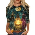 thumbnail image 2 of JoveMarine Halloween Shirts for Women, 3/4 Sleeve Crew Neck with Moon Bat Print, Loose Fit Fall Graphic Tee,Navy 2XL, 2 of 7
