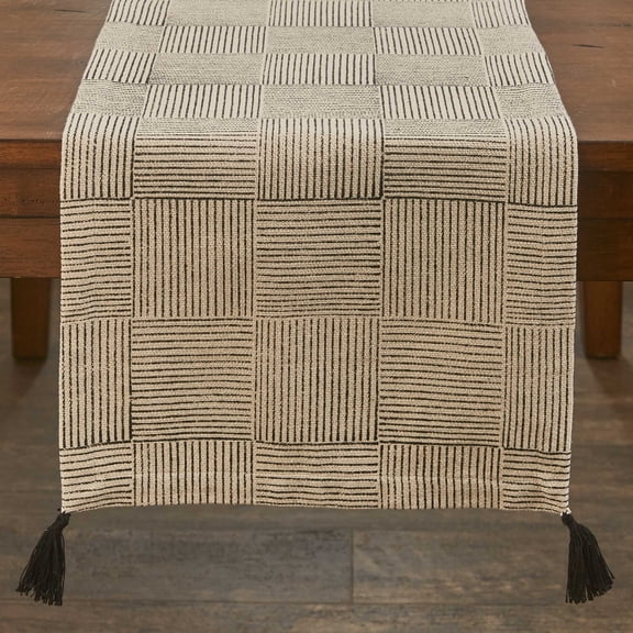 Split P Block Print Table Runner With Tassels - Beige