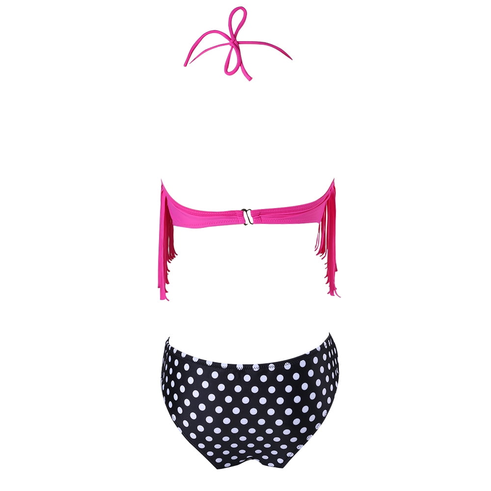 Women's Slim Low-Rise Fringe Bikini Two-Piece Swimsuit Polka Dot Bottom and Removable Straps Size S - L