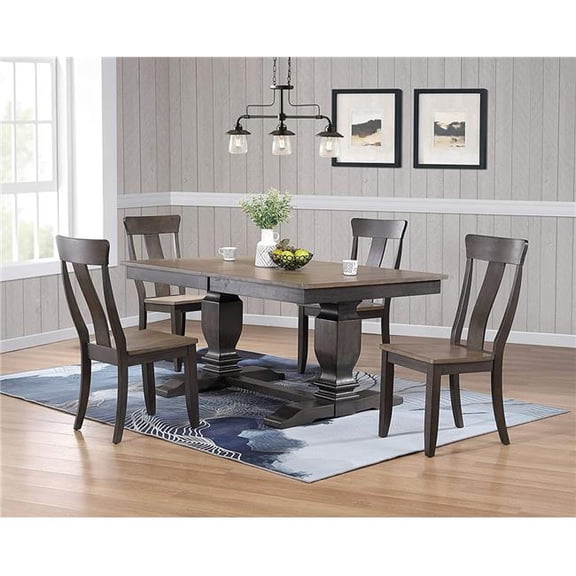 Iconic Furniture RT82-TR-CH57-GRS-BKS-5PC 42 x 64 x 82 in. Double Transitional Pedestal In Antique Grey Stone Black Stone Panel Back 5-Piece Dining Set