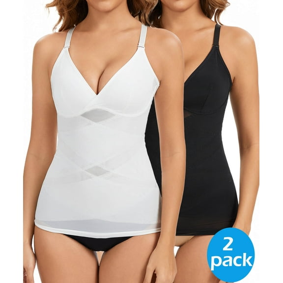 MANIFIQUE 2 Packs Womens Tank Top Shapewear Tummy Control Slimming Camisole Tops for Women V Neck Body Shaper