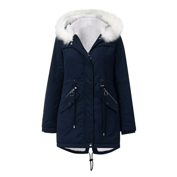 Odeerbi Jackets for Women 2025 Warm Long Coat Hoodies Collar Jacket Slim Winter Parkas Outerwear Coats Dark Blue