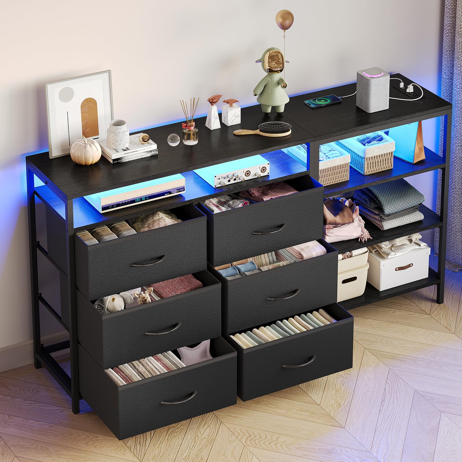 Afuhokles 6 Drawer Dressers for Bedroom with Charging Station and LED Light, 6 PU Drawers, 3 Open Shelves, Black