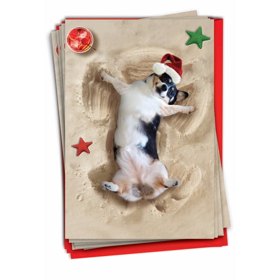 Pack of 12 Merry Christmas Greeting Cards (1 Design, 12 Cards) - Holiday Sand Angels Dog C6844FXSG-B12x1