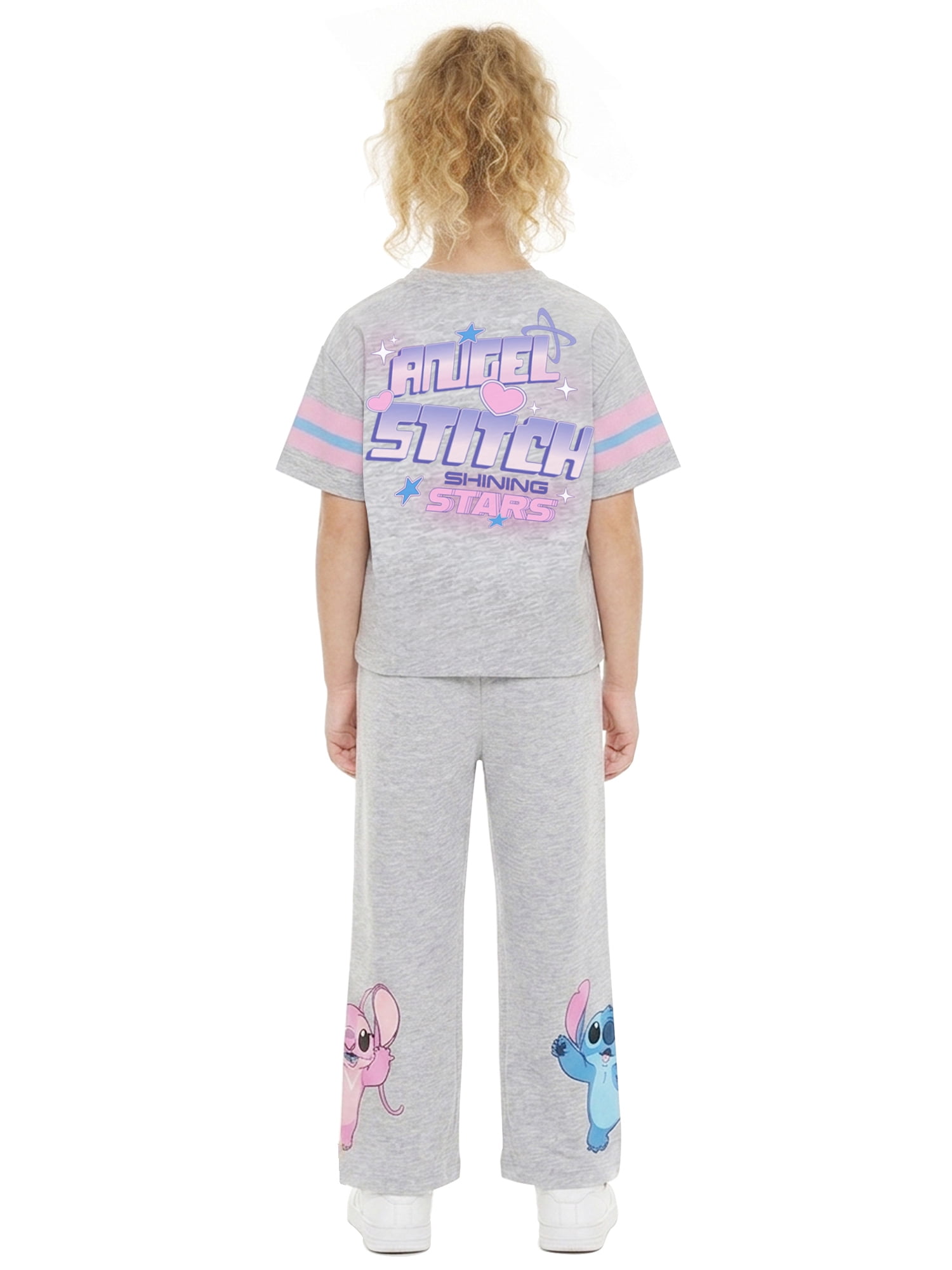 Stitch & Angel Girls' Athletic Front & Back T-shirt with Embroidery & Straight Leg Fleece Pants, 2-Piece, Sizes 4-16