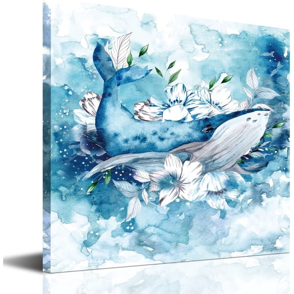 Whale Canvas Wall Art, Blue Whale Picture Prints Art, Ocean Beach Theme Modern High-definition Animal Waterproof Artwork 12x12 Inches