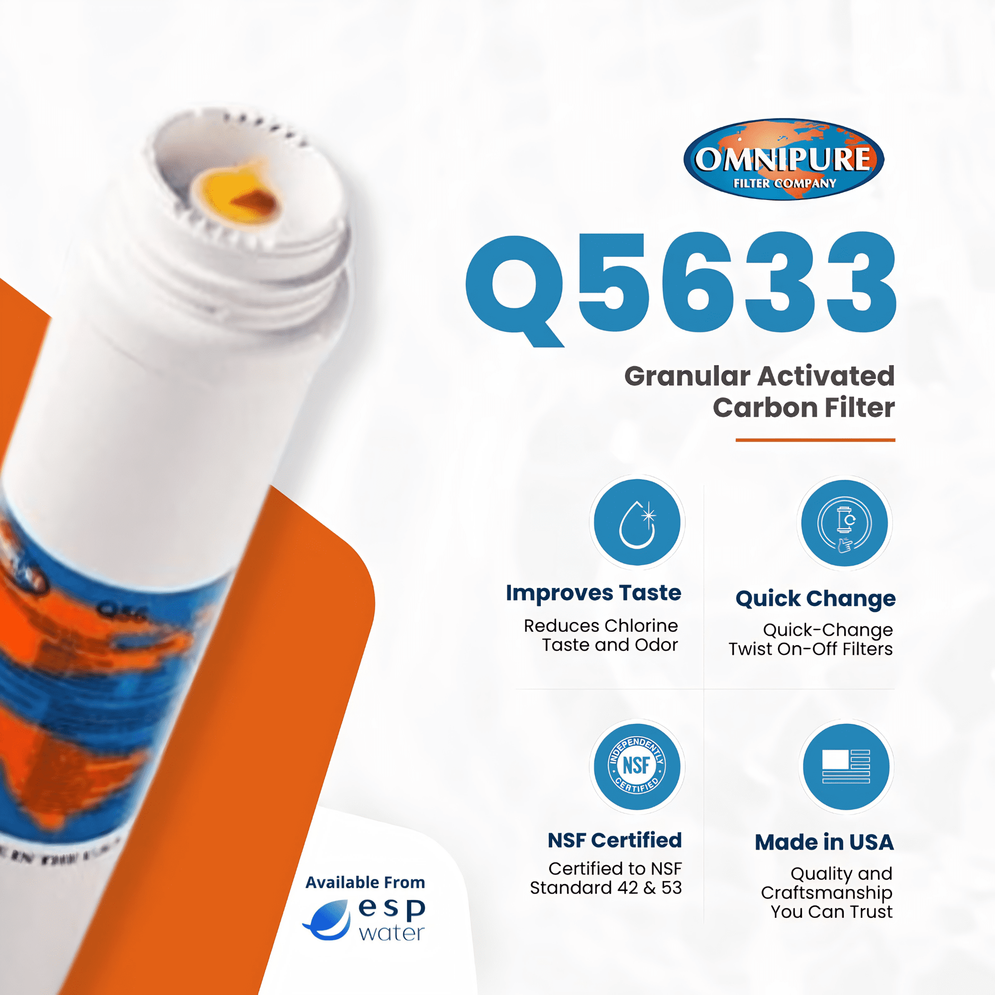 Q5633 Granular Carbon GAC Water Filter T33 2.5 x 12 Inches