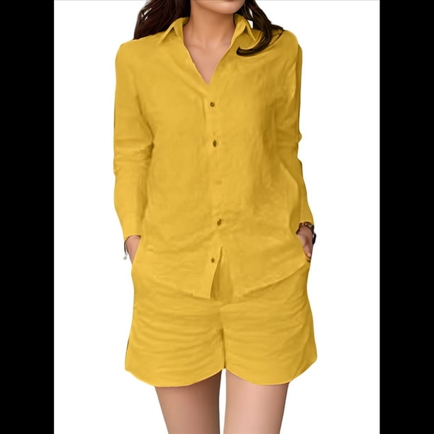 Bonitos Conjuntos Casuales Elegantes de Estilo Jardín para Vacaciones, Ropa Monocromática Amarillo XXXL