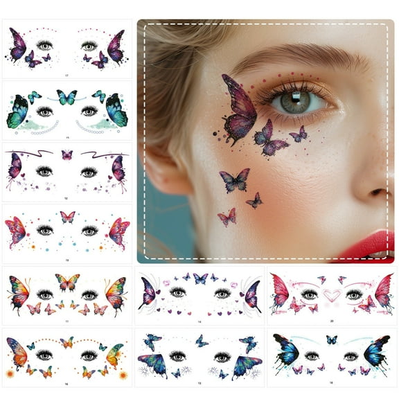 Wrapables Waterproof Glitter Butterfly Temporary Face Tattoos for Women, Eye and Facial Makeup for Parties, Beach, Festivals (10 Sheets)