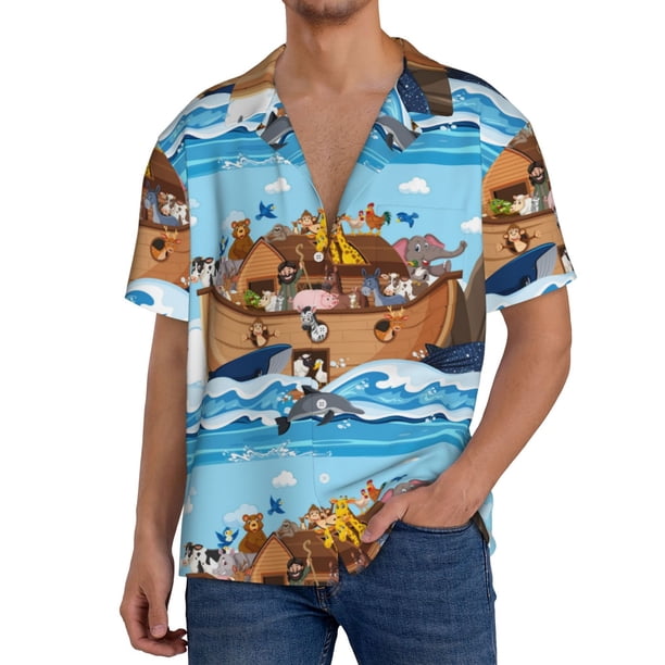 Fotbe Animals on Noah's Ark Floating Camisa Estampada de Manga Corta para Hombre, Casual de Verano, Estilo Playero, Sin Arrugas-3X-Large