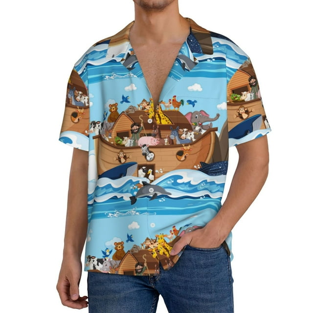Balery Animals on Noah's Ark Floating Camisa Casual de Manga Corta con Botones para Hombre, Texturizada, Estilo Cubano, para Playa, Verano-X-Large