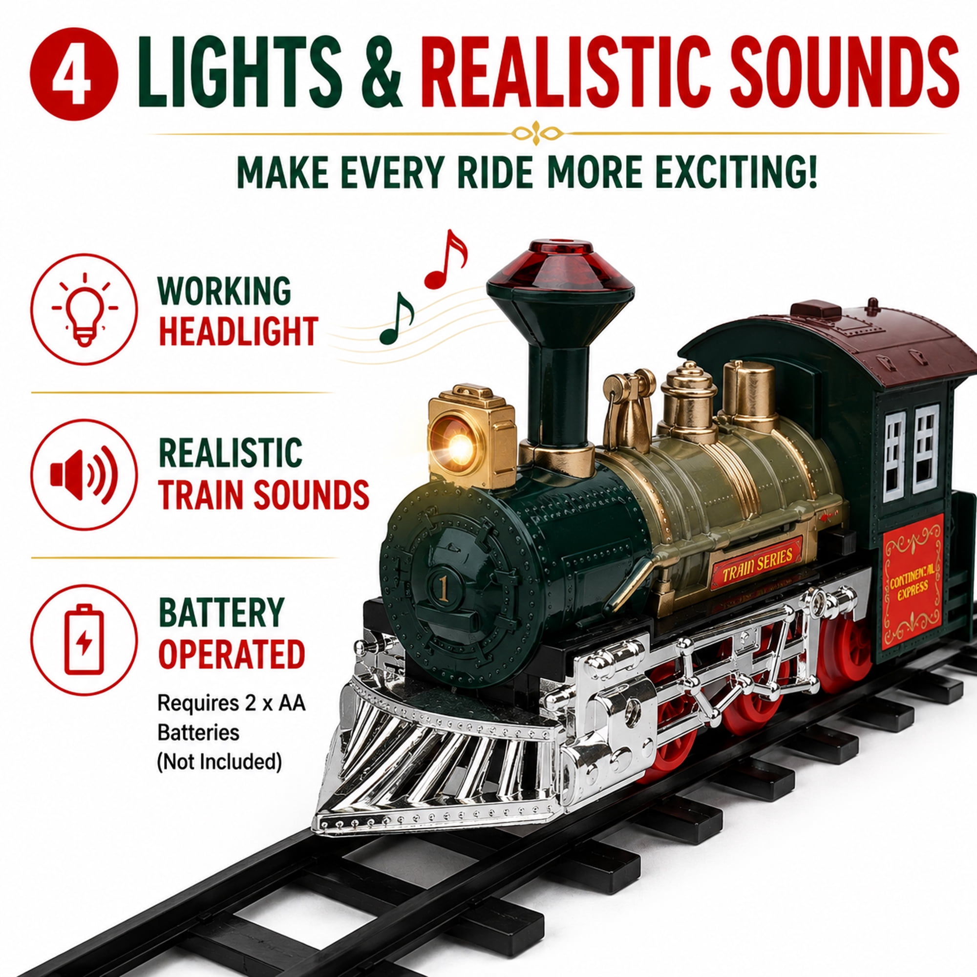 Battery Powered Toy Train Set for Kids Ages 3+, Lights & Sounds, 5 Train Cars, 53 x 30 in Track