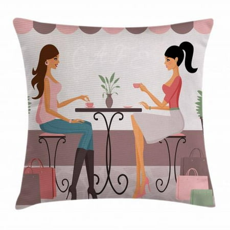 Girlfriend Throw Pillow Cushion Cover, Two Young Woman Having Coffee and Chatting after Shopping Together Illustration, Decorative Square Accent Pillow Case, 18 X 18 Inches, Multicolor, by (Best App For Chatting With Girlfriend)