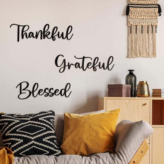 HELLOYOUNG Grateful Blessed Metal Wall Art Decor Set 3pcs, Black Farmhouse Home Signs for Wall Decor, Rustic Inspirational Thankful Gift for Housewarming