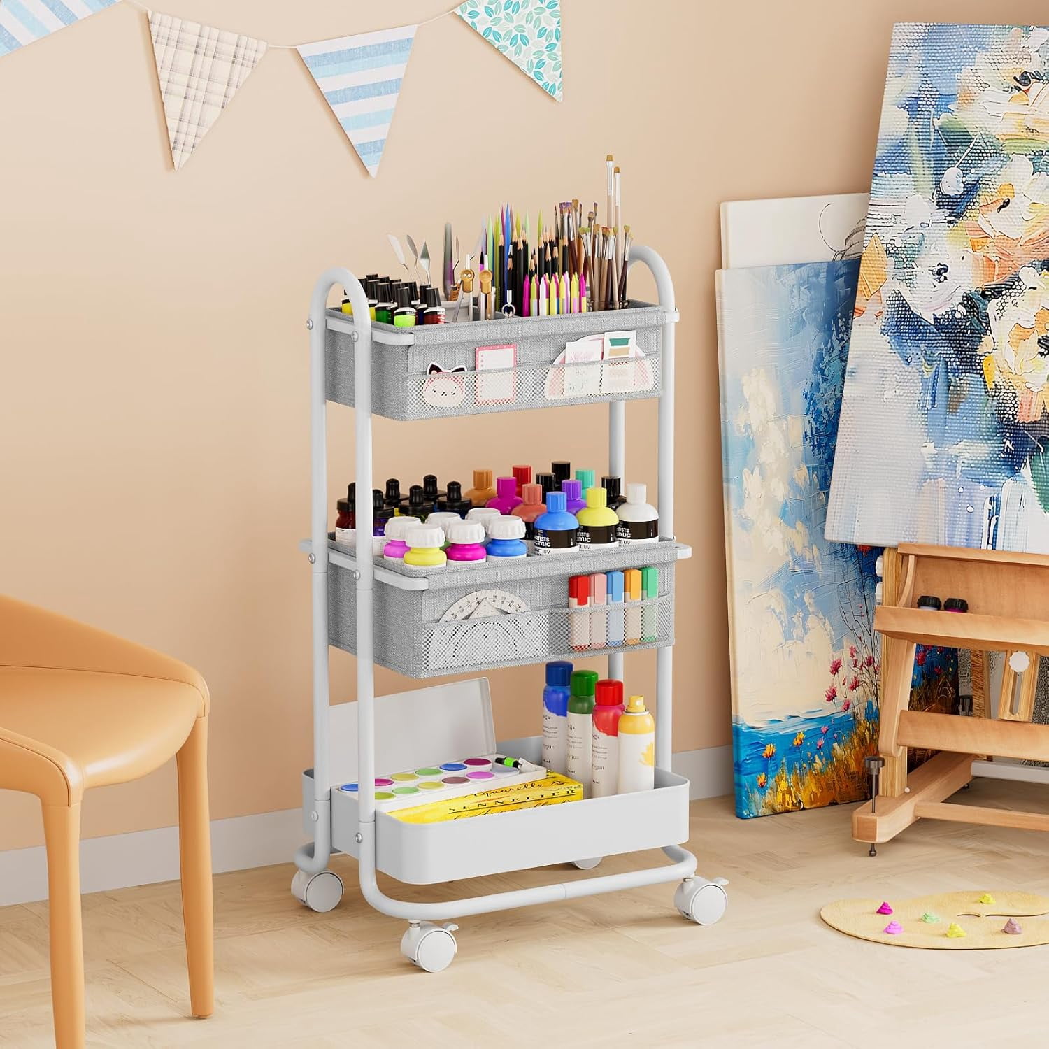 Baby Diaper Caddy Organizer Cart - 3 Tier Rolling Storage with Wheels, Nursery Essentials for Crib Bedroom Art Craft Light Gray