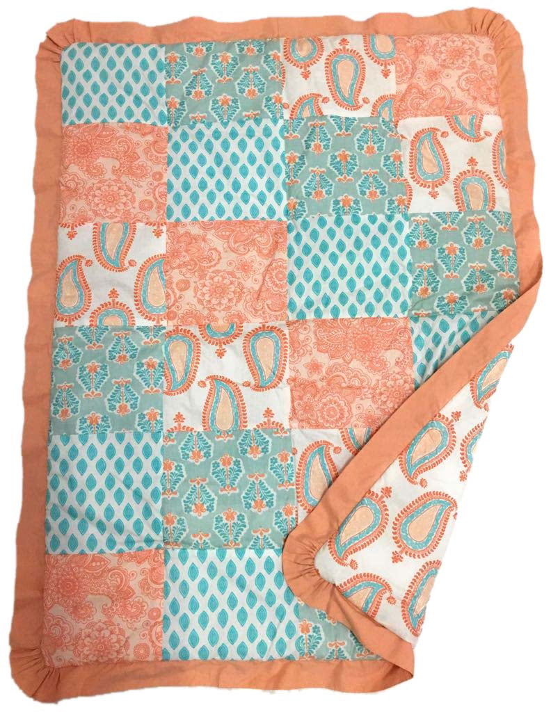 Bacati - Paisley Sophia 4-Piece Crib Bedding Set with Diaper Stacker - Coral/Aqua Girls