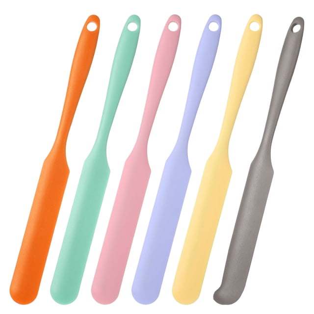 6 Piezas Espátula de Silicona para Tarros, Espaldero Resistente al Calor con Mango (Verde/Rosa/Púrpura/Amarillo/Naranja/Gris)