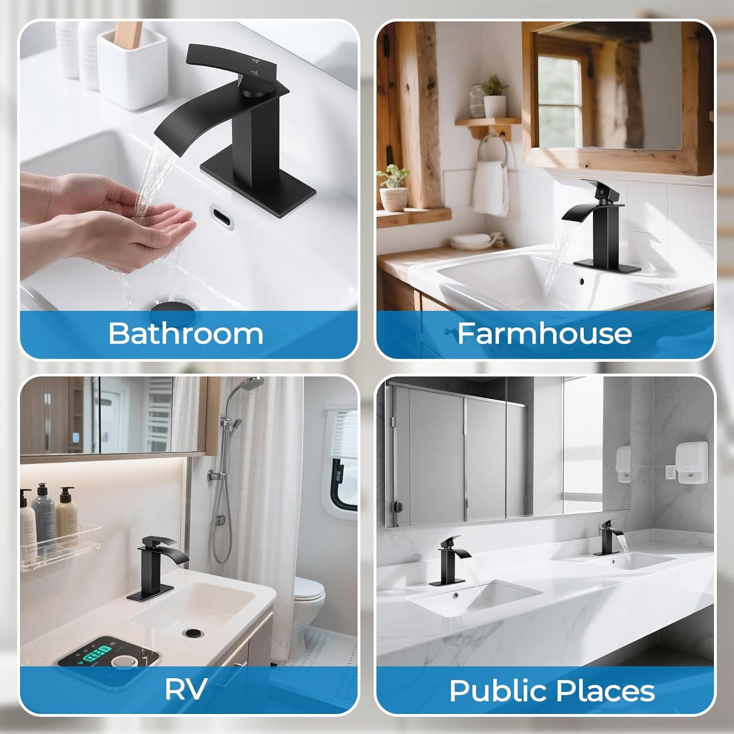 Matte Black Bathroom Faucets, Waterfall Bathroom Sink Faucet Modern Single Handle Bathroom Faucte 1 or 3 Hole, RV Mixer Tap Vanity Faucet - Includes Pop-up Drain Supply Hoses Deck PlateA