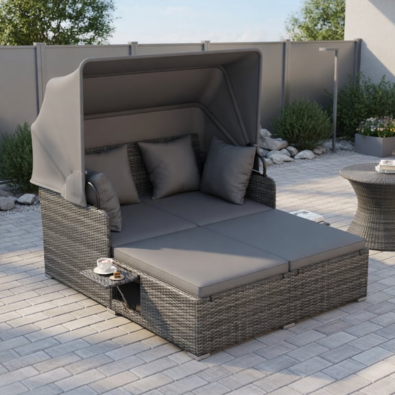 Topcobe Patio Rattan Daybed with Retractable Canopy and Side Tables, Outdoor Patio Furniture Set, Easy to Assemble-Mix Gray