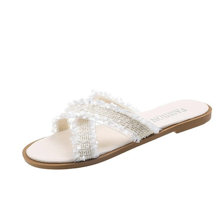 

House Slippers For Women Fashion Summer Women Slippers Cross Strap Cloth Strap Flat Bottom Lightweight Comfortable
