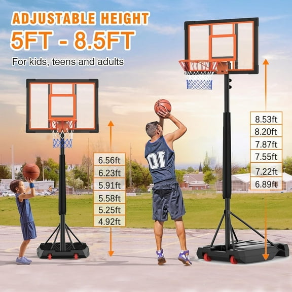 Skyhot Adjustable 4.92-8.53ft Portable Basketball Hoop and Goal for Kids, Teenagers, Youth, and Adults - Backyard, Driveway, Indoor, Outdoor