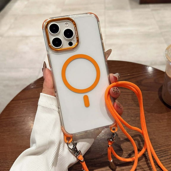 Clear Magnetic Phone Case for iPhone 14 Plus with Long Shoulder Strap, Slim Durable Protective Cover, Compatible with Mag-Safe, Transparent Hybrid Case Designed for iPhone 14 Plus 6.7", Orange