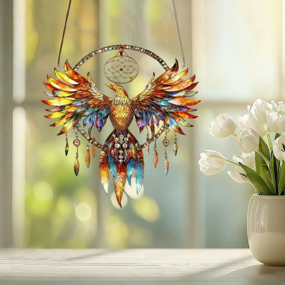 Colorful Phoenix Acrylic Hanging Ornament, Exquisite Home Wall Decoration with Dreamcatcher Design, Flat Decorative Pendant for Living Room, Bedroom, and Window Art Decor
