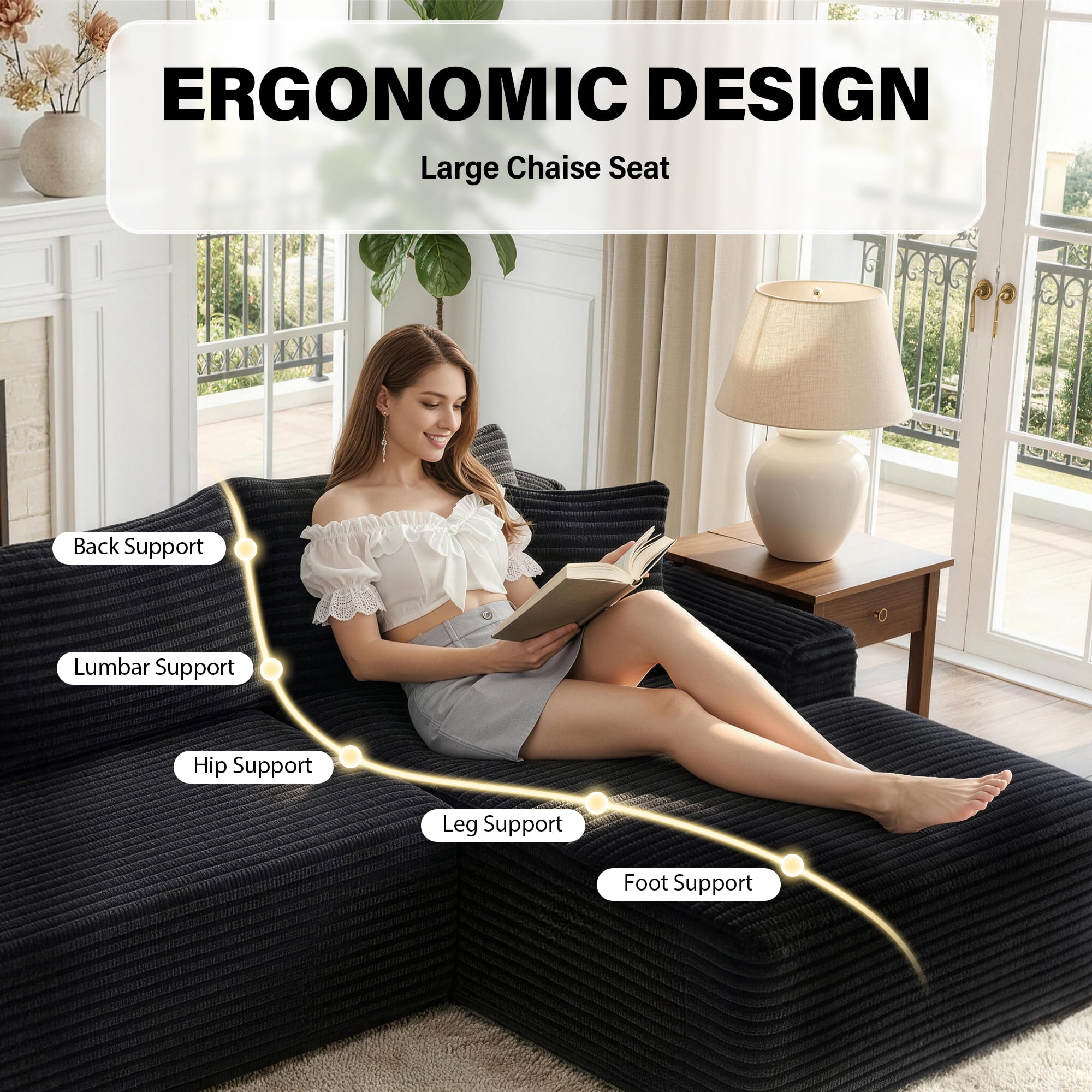 Aukfa 96" L-Shaped Cloud Sectional Sofa, Modular Boneless Couch with Deep Seat&Right-Facing Chaise for Living Room, Corduroy, Black