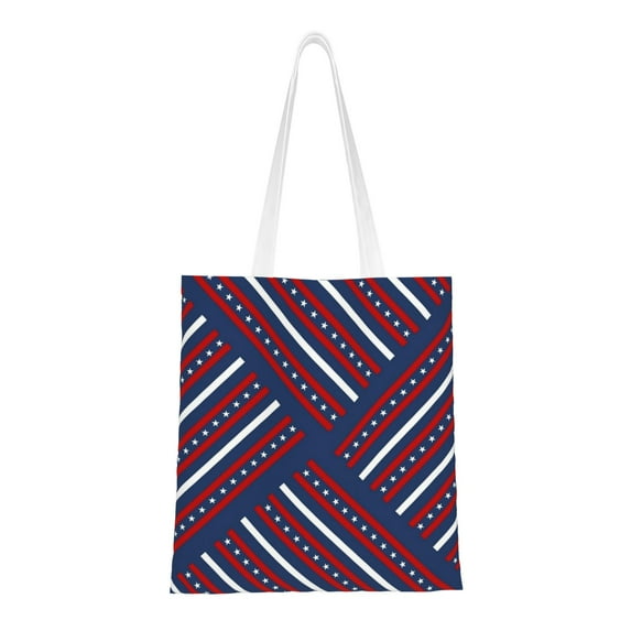 DouZhe Reusable Grocery Bags, Patriotic Red White Blue Stripes Lightweight Polyester Canvas Cloth Tote Bag for Travle Gym Shopping School, 15" x 16"
