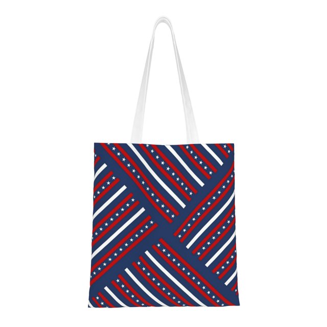DouZhe Sacs d'Épicerie Réutilisables, Sac Fourre-Tout en Toile Polyester Léger à Rayures Rouges et Blanches Bleues pour Voyage Gym Magasinage École, 15 Pouces x 16 Pouces