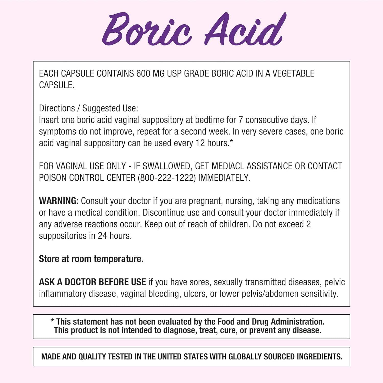 Puregen Labs Boric Acid 600mg Feminine Health Suppositories, 30 Count, 4-PK