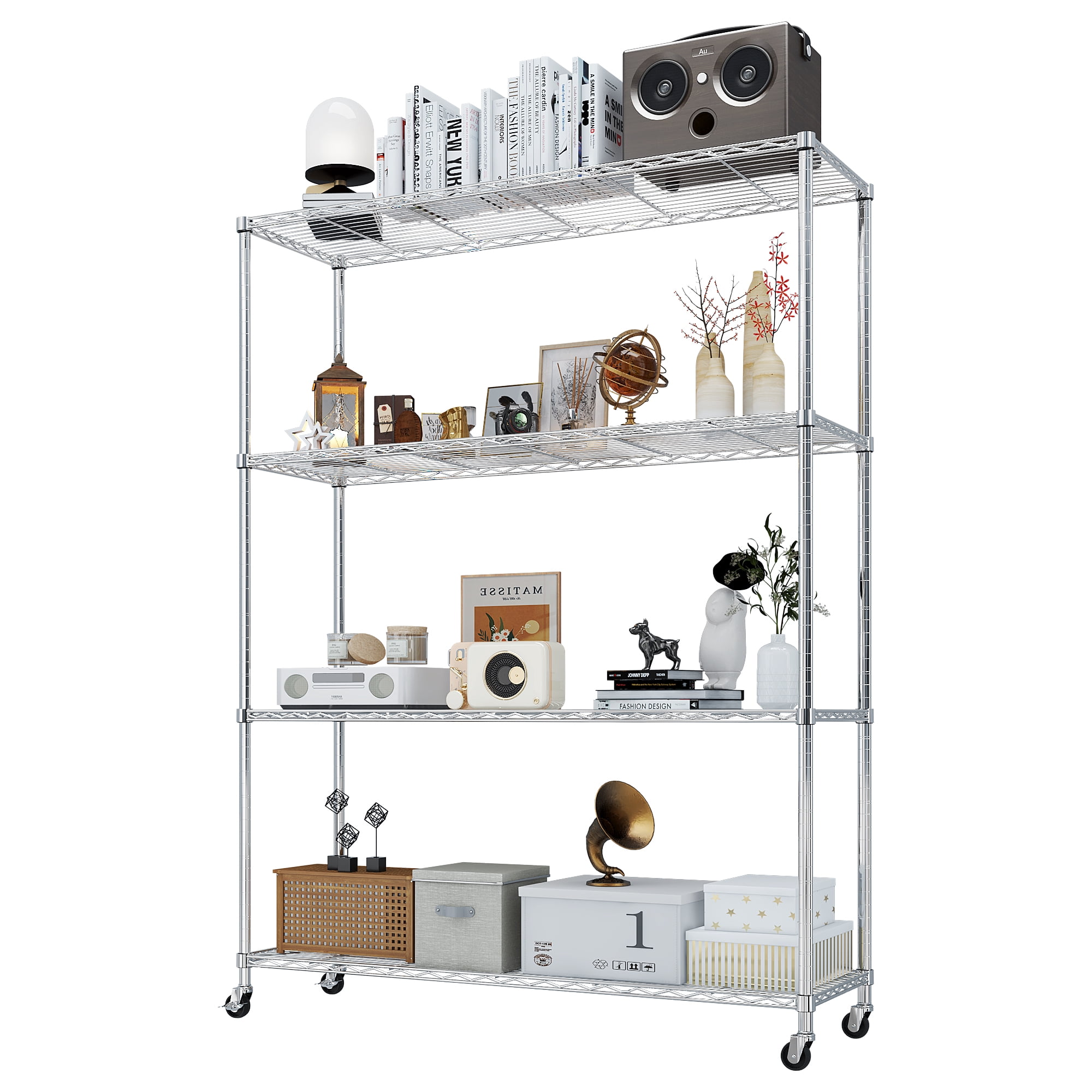 4-Tier Adjustable Steel Shelving Unit with Locking Rubber Wheels, Gray, 46.06 x 17.72 x 64.96 in