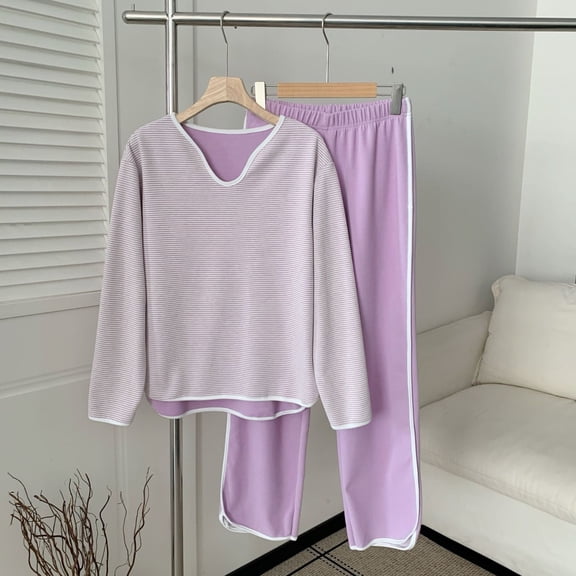 Women's Long Sleeve Striped Pajama Set Fleece Round Neck Loose Warm Thickened Loungewear Winter Casual Soft Cozy Home Sleep Two-Piece Outfit Purple XL